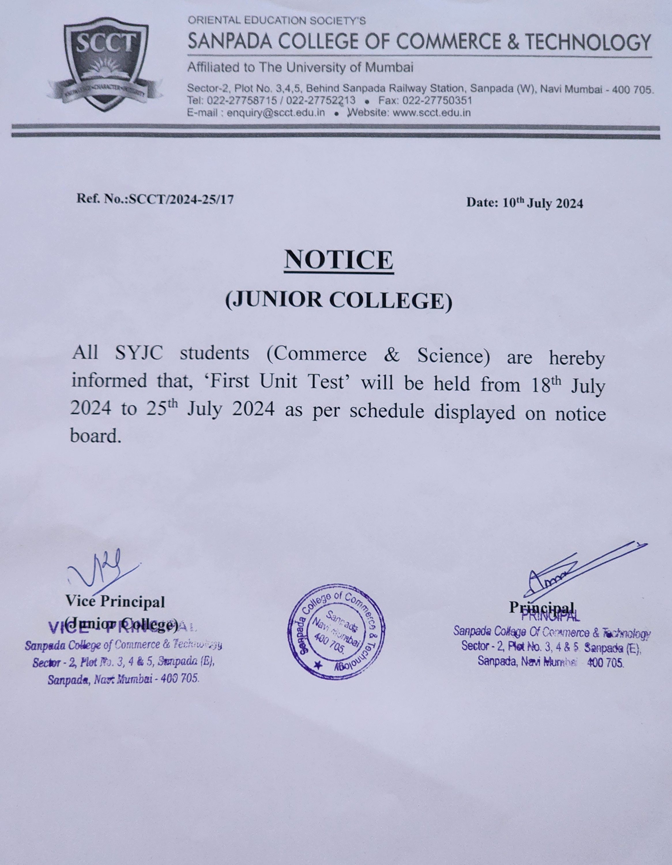 SYJC First Unit Test Notice