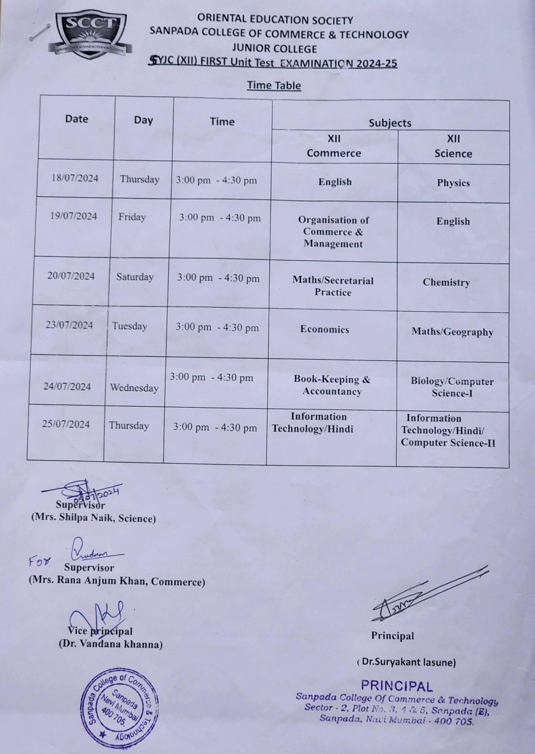 SYJC First Unit Test Timetable